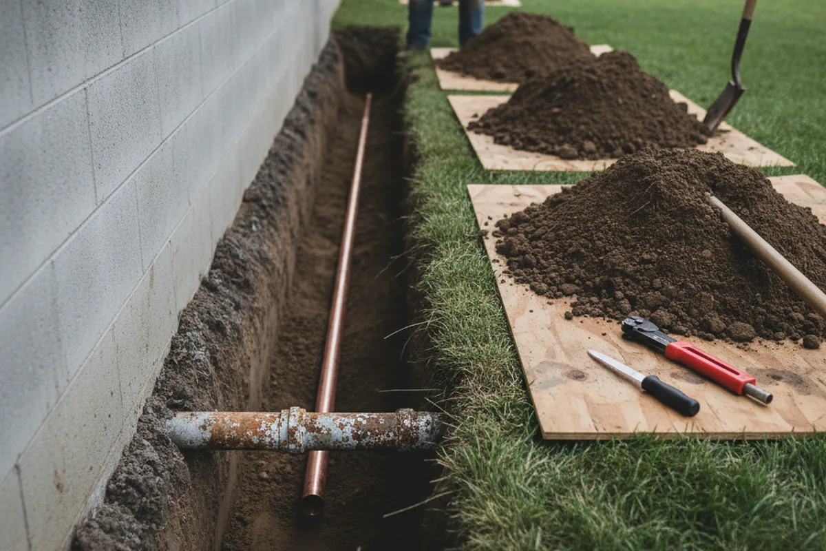 Excavated water line trench during Sewer Line Repair in Exeter